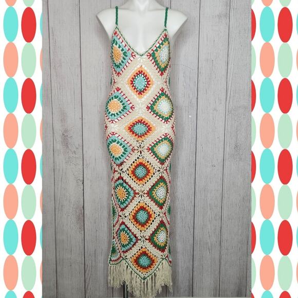 Revel Multi-Color Diamond Crochet Maxi Dress With Side Slit & Fringe Hem, sz L - Picture 1 of 9
